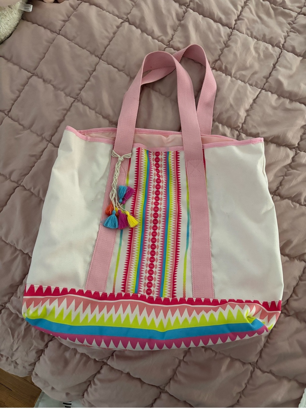Pink Trim White Canvas Tote Bag with Multicolor Tassel Accent
